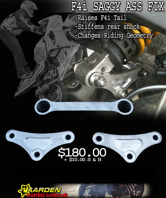 F4i Saggy Ass Fix suspension link kit: one link bar and two side plates, installed on a Honda CBR600F4i